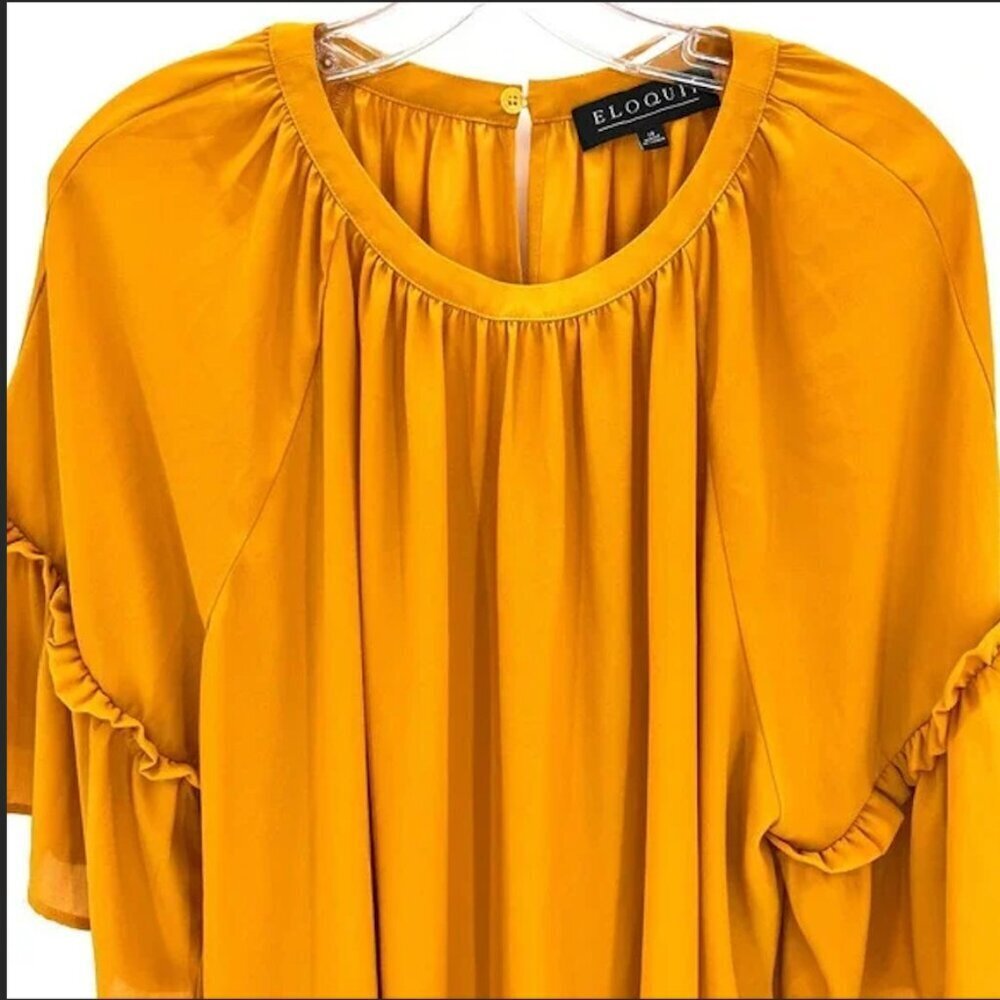 Eloquii Mustard Yellow Bell Sleeve Ruffle Blouse Plus Size 18 Crepe Top - Picture 7 of 7